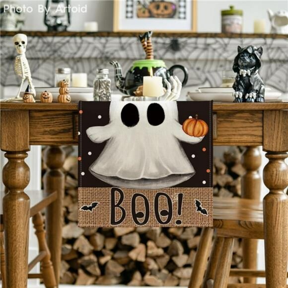 Halloween Table Runner 13x72 Black Boo Ghost Pumpkin Dots Fall Party Table Decor - Picture 2 of 7